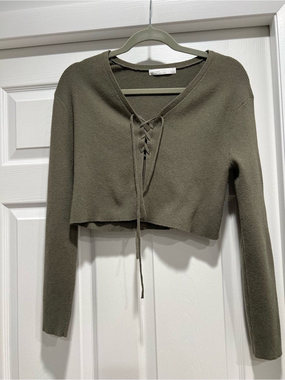 OAK + FORT Olive Lace-Up Cropped V-Neck Sweater